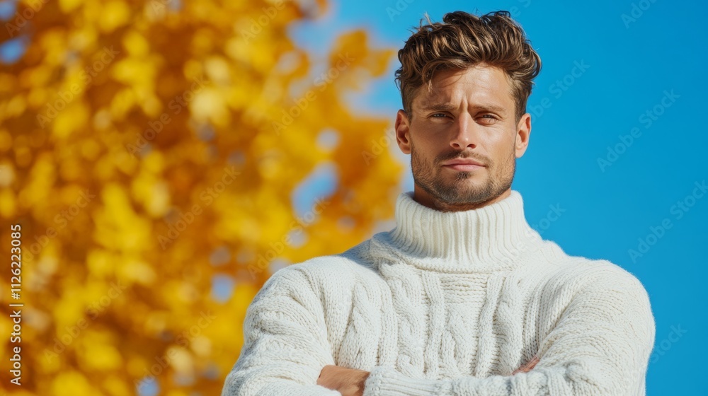 Poster a man in a white sweater is standing in front of a tree with yellow leaves. he is looking directly a