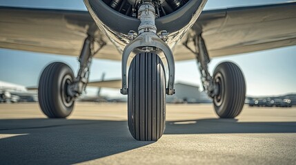 Fototapeta premium Close-up of an airplane's front landing gear parked on a sunny tarmac, with soft shadows