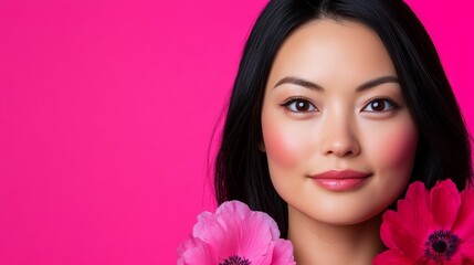 Fototapeta premium Woman with dark hair and a pink background. She is holding flowers in her hands