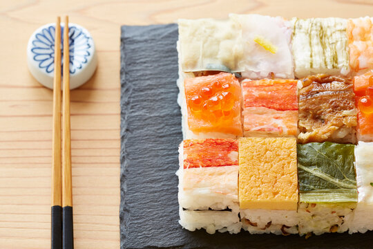 Box sushi on a wooden table