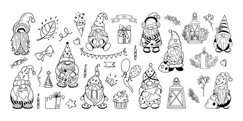 Cute dwarf collection with festive elements in outline style