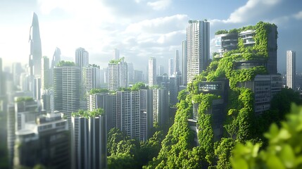Obraz premium A futuristic cityscape blending nature with modern architecture, showcasing sustainability.