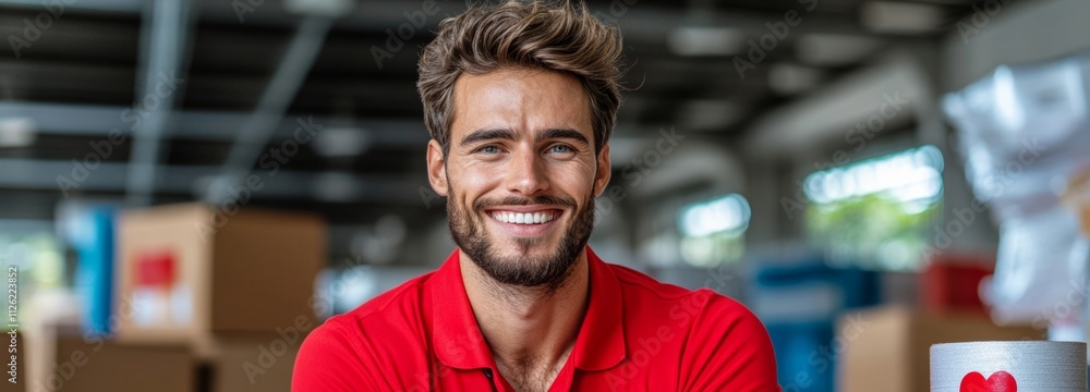 Poster a man in a red shirt is smiling and posing for a picture. the image has a happy and positive mood, a