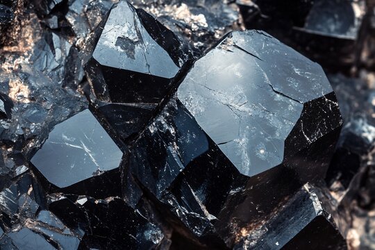 Macro photograph showcasing the intricate details and geometric formations of glistening hematite crystals