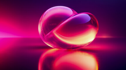 Abstract glass orb with neon lights on reflective surface at night