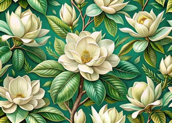Magnolia Grandiflora Seamless Pattern: Vintage Botanical Green Floral Illustration