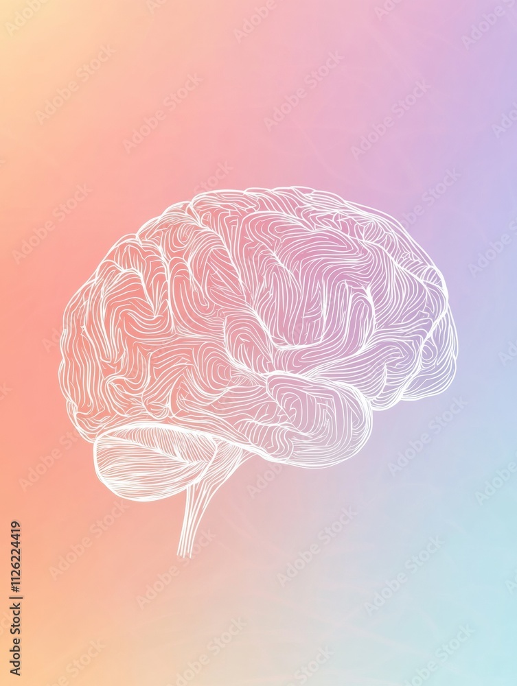 Fototapete a delicate doodle of a human brain made of thin white lines is set against a soft gradient backgroun