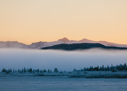 Foggy Mountain Landscape at Winter Sunrise at &Aring;nnsj&ouml;n in &Aring;re,