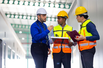 Ethnic diversity team worker people, Success teamwork. Group of professional engineering people wearing hardhat safety helmet meeting with solar photovoltaic panels discussion in new project