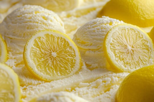 Creamy lemon ice cream is garnished with thin lemon slices, creating a refreshing summer dessert