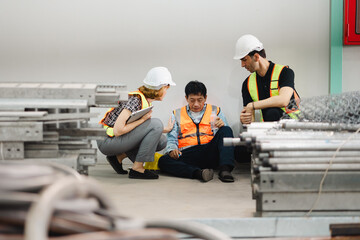 Exhausted  fatigue Tired hot wiping sweat. Asian senior man Warehouse staff Employees worker...