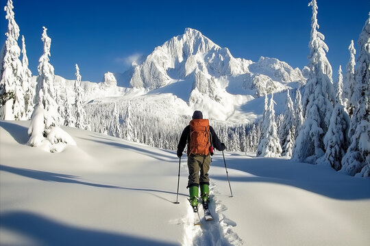 Adventurer Skiing Through Pristine Snowy Landscape