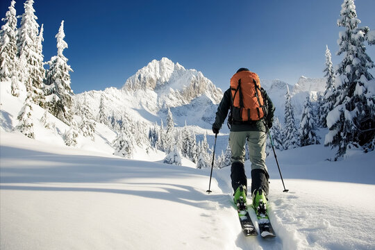 Skier with Backpack Exploring Snowy Mountain Wilderness