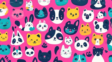 Adorable Cartoon Animals Pink Background Happy Faces