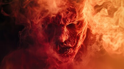 Infernal Visage: A fiery portrait of a demonic entity emerging from swirling smoke and flames, a chilling vision of the underworld.