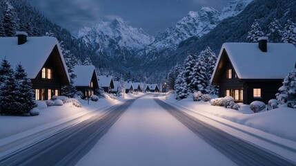 Fototapeta premium A cozy European Christmas scene in a small village in the Swiss Alps, with snow-covered chalets, glowing windows, and a snowy mountain backdrop under a starry night 