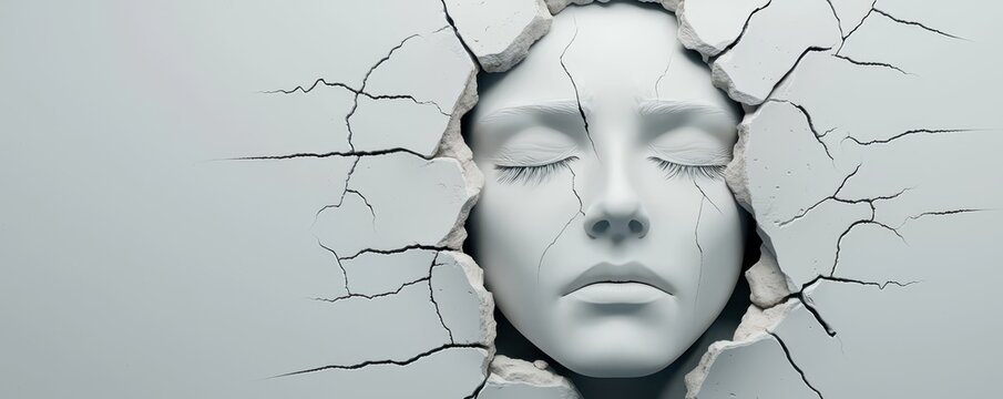 A serene face emerges from a cracked wall, symbolizing breakthrough, resilience, and the struggle between inner peace and external challenges.