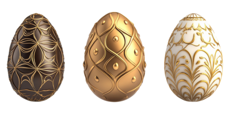 Set of decorated chocolate Easter eggs, in gold and brown colors isolated on transparent background, png