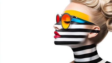A woman with a striped face and sunglasses. The image is a creative and artistic representation of a woman with a bold and colorful look. The use of stripes and sunglasses adds a sense of funuj8