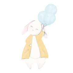 Watercolor Easter Illustration Playful White Bunny in Yellow Coat with Pockets Holding Blue Balloons, for Print and Web Use