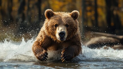 Obraz premium Brown bear running through river water 