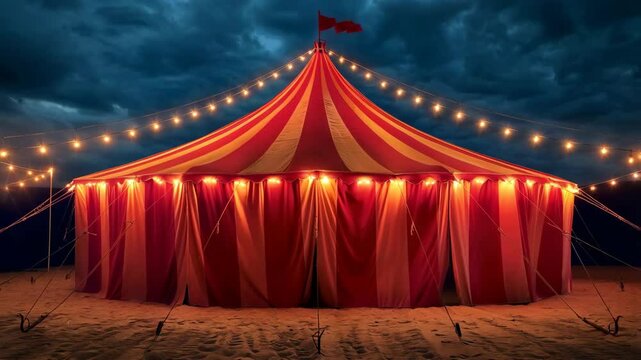 big red tent of circus with many lights 
