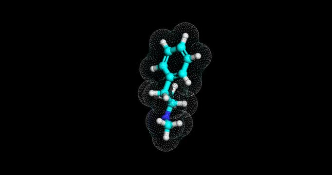 Methamphetamine, central nervous system stimulant, 3D molecule spinning, 4k