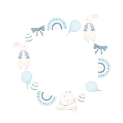 Whimsical Easter Bunny Decorative Wreath Watercolor Illustration White and Blue, with White Rabbits, Rainbows, Bows, Balloons and Painted Eggs, for Print and Web Design