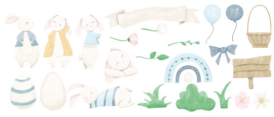 Watercolor Illustration Easter Collection with White Dressed Bunnies, Ribbon Banner, Green Branches with Leaves, Simple Bright Flowers, Scandinavian Rainbow, Basket and Board Sign