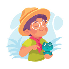 Boy Scout Character in Hat and Glasses Hold Frog Vector Illustration