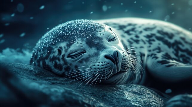 Close-up of a seal resting on a rocky shoreline, its fur glistening with seawater droplets
