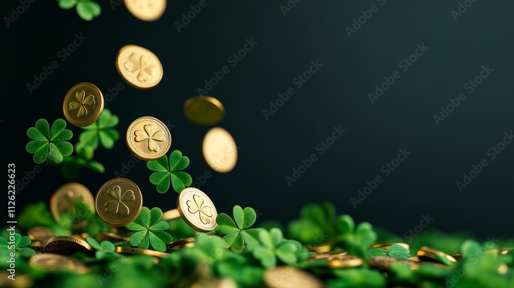 Poster a dynamic st patrick’s day background with golden coins falling through a cascade of glowing green s