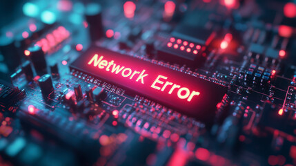 Close-up of network error on circuit board with neon lights