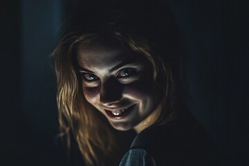 Woman with a creepy smile in the dark. Exuding mystery and danger. Evoking fear and evil. Like a horror movie scene. Her face shrouded in shadows. Watching. Lurking. Embodying halloween nightmares