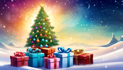 Obraz premium Radiant Holiday Tree with Colorful Ornaments and Presents