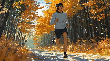 Young Person Jogging on a Path Through Autumnal Woods.