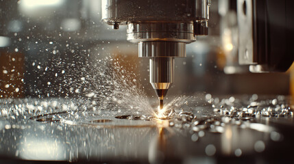 High resolution photograph of CNC machine cutting metal, showcasing precision and sparks