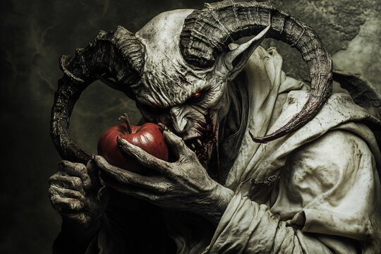 Scary horned demon biting a red apple, wearing a white robe, in a dark fantasy setting, creating a creepy and eerie atmosphere - Powered by Adobe