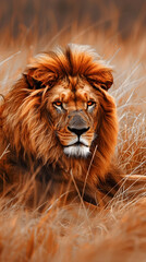 Fototapeta premium Majestic Lion Resting in the Savannah: Capturing the Essence of a Regal Predator in Its Natural Habitat