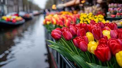 A festive Easter market along a canal in Amsterdam, with stalls offering tulip bouquets, painted wooden clogs, and Easter treats, reflecting in the calm water 
