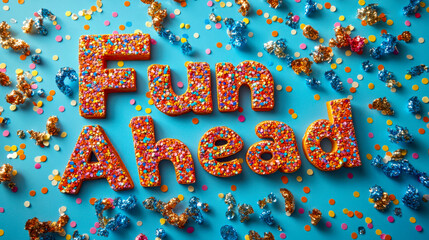 Colorful candy sprinkles form "fun ahead" with confetti on blue background