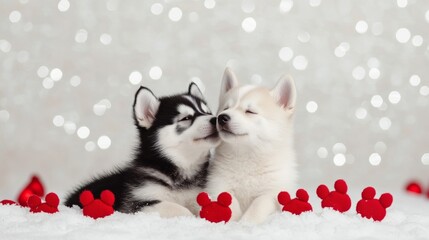 A festive National Puppy Day image with a pair of fluffy husky puppies playing in the snow, surrounded by paw print decorations and sparkling snowflakes 