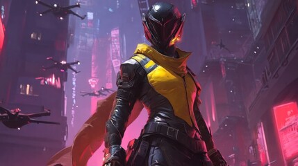 Futuristic Warrior Stands in Neon Cityscape