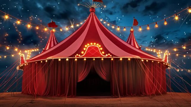 red tent of circus with many lights 