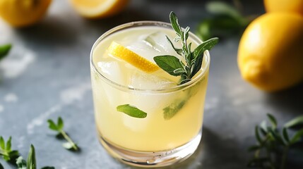 Fototapeta premium Refreshing citrus cocktail with herbs and ice served on a gray tabletop with lemon garnishes