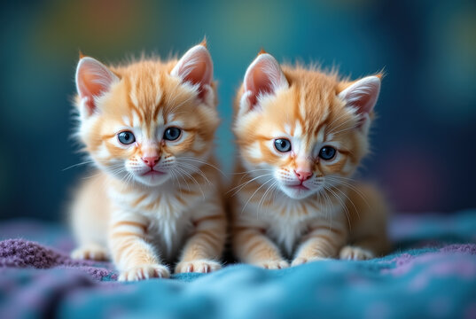 Two orange kittens sitting on a soft surface