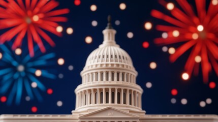 A glowing depiction of the Capitol building at night, surrounded by festive red, white, and blue lights and fireworks celebrating Washington's Birthday 