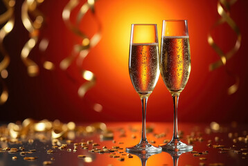 Two glasses of sparkling wine on a celebratory background