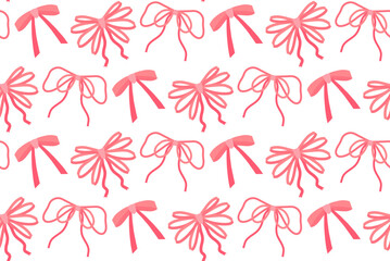 Seamless vector pattern with pink bows in a flat style. Elegant and minimal design, perfect for backgrounds, gift wrapping, or textile prints. Soft and delicate girly texture