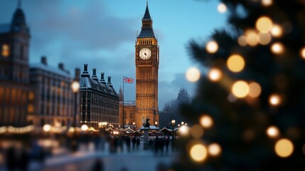 A grand Christmas celebration in London, with Big Ben glowing in the distance, snowy streets, and Christmas lights strung across the bustling markets of Covent Garden 